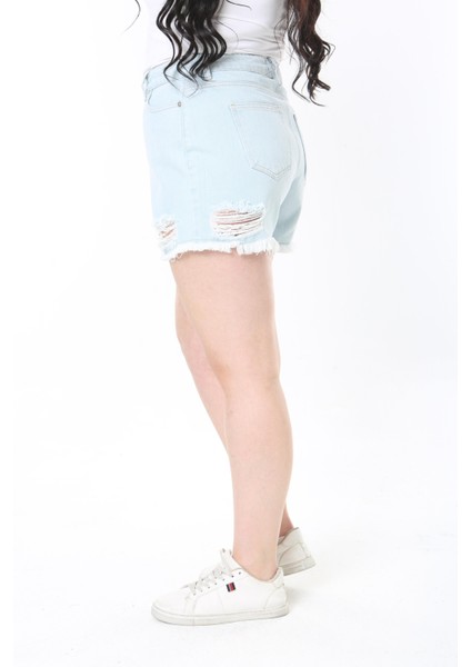 Kadın Büyük Beden Mavi Yırtık Detaylı 5 Cepli Kot Şort 65N38913 modelleri