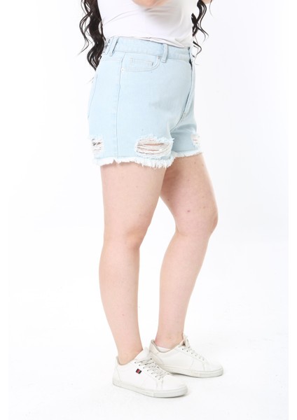 Kadın Büyük Beden Mavi Yırtık Detaylı 5 Cepli Kot Şort 65N38913 fırsatları