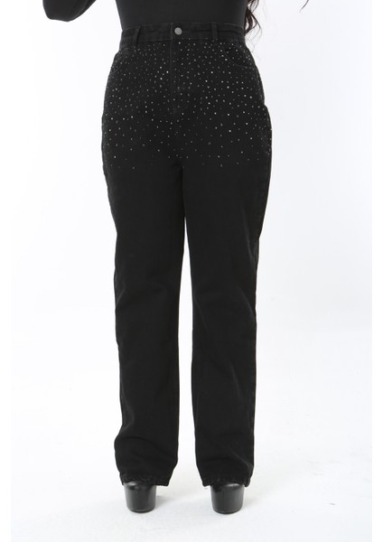 Kadın Büyük Beden Siyah Taş Detaylı Yüksek Bel 5 Cepli Kot Pantolon 65N38889
