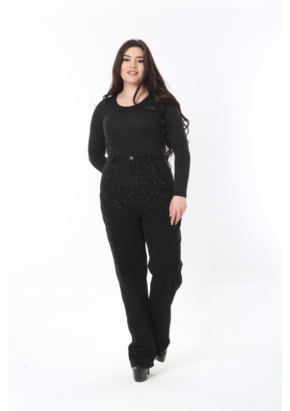 Kadın Büyük Beden Siyah Taş Detaylı Yüksek Bel 5 Cepli Kot Pantolon 65N38889 fiyatları
