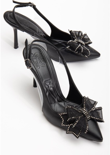 Kadın Abiye Topuklu Ayakkabı Siyah Yan Şeffaf Taşlı Fiyonklu