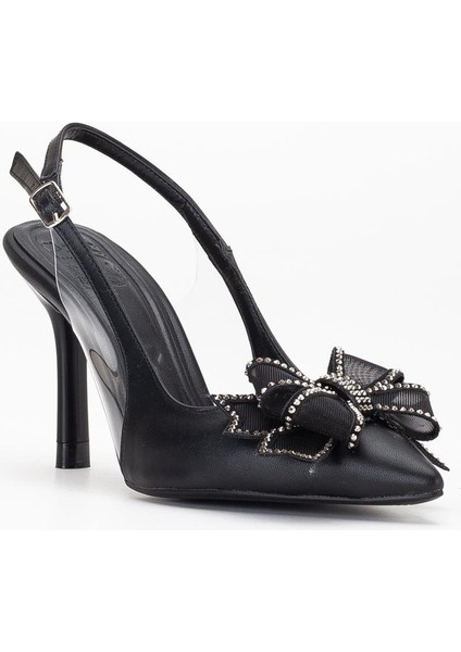 Kadın Abiye Topuklu Ayakkabı Siyah Yan Şeffaf Taşlı Fiyonklu fırsatları