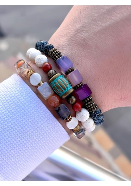 3.lü Doğal Taş Damarlı Akik,firuza ve Jasper Taşı Doğaltaş Bileklik MDL189188187