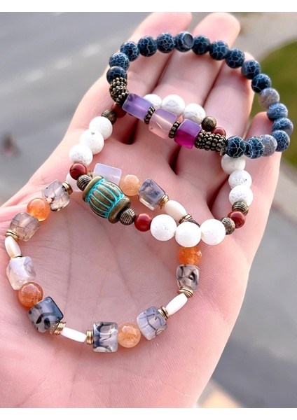 3.lü Doğal Taş Damarlı Akik,firuza ve Jasper Taşı Doğaltaş Bileklik MDL189188187 modelleri