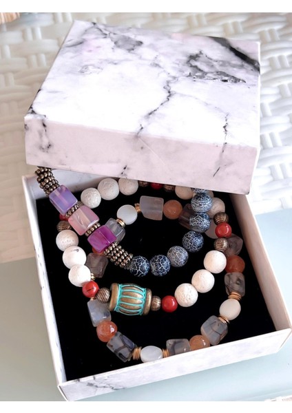 3.lü Doğal Taş Damarlı Akik,firuza ve Jasper Taşı Doğaltaş Bileklik MDL189188187 fırsatları