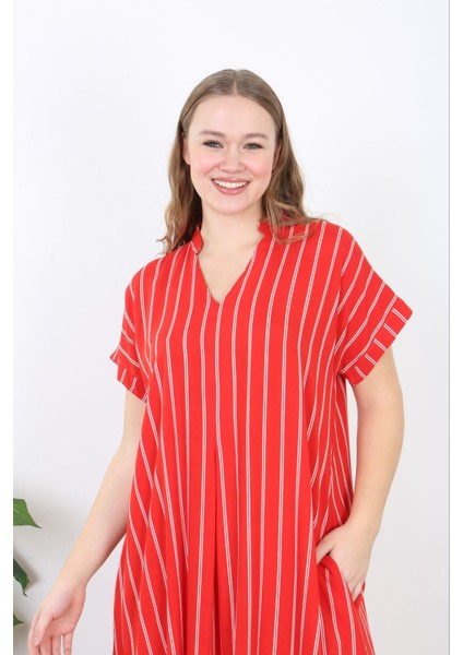 Kadın Büyük Beden Kırmızı Dokuma Viskon V Yaka Ön Pileli Yan Yırtmaç Çizgili Uzun Elbise 65N38739 fırsatları
