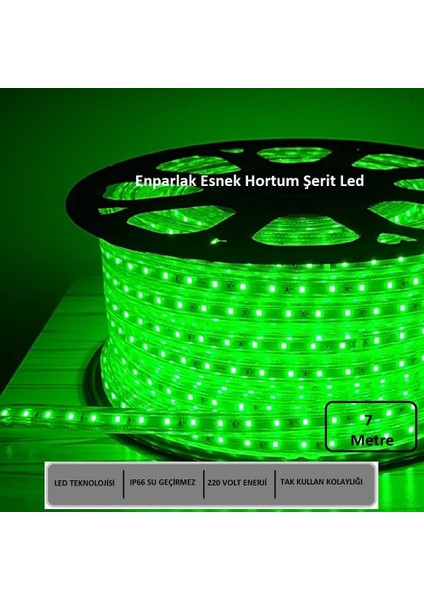 Hortum Esnek Şerit LED Yeşil Işık 220V Fış/1,2,3,4,5,7,10,15,20,25,30 Metre
