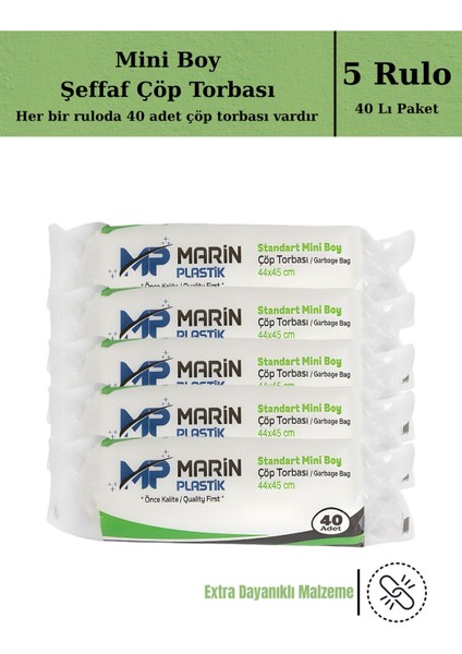 Çöp Torbası Opp Ambalajlı Mini Boy 40 Lı 5 Rulo 44*45 cm Çöp Poşeti
