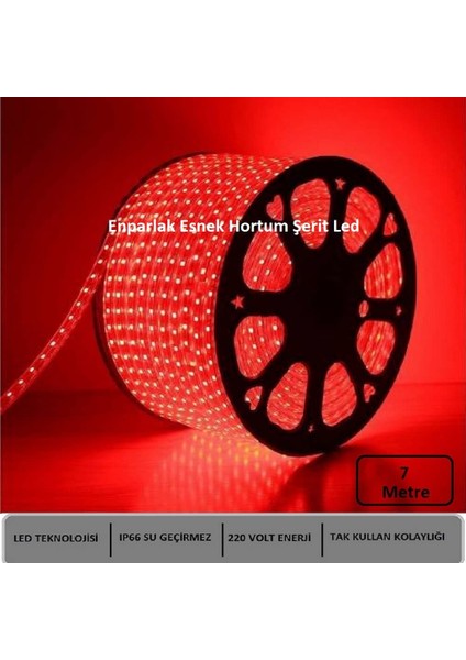 Hortum Esnek Şerit LED Kırmızı Işık 220V Fış/1,2,3,4,5,7,10,15,20,25,30 Metre