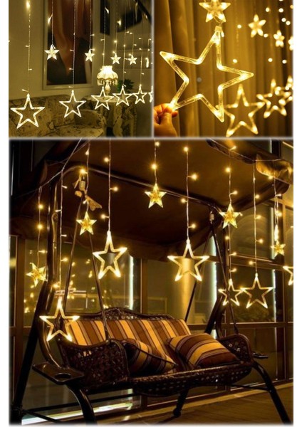 3m Yıldızlı Perde Salkım 6 Saçaklı LED 12 Yıldız Işıklar Animasyonlu 138 Ledli Yıldız Perde Işık LED