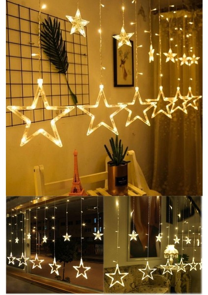 3m Yıldızlı Perde Salkım 6 Saçaklı LED 12 Yıldız Işıklar Animasyonlu 138 Ledli Yıldız Perde Işık LED fırsatları