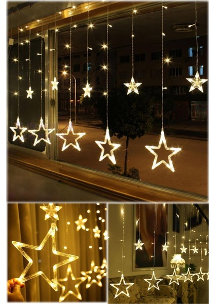3m Yıldızlı Perde Salkım 6 Saçaklı LED 12 Yıldız Işıklar Animasyonlu 138 Ledli Yıldız Perde Işık LED indirimleri