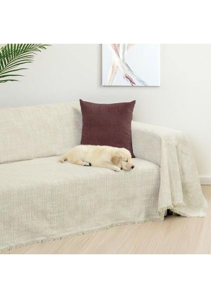 Purecot Premium Pamuklu Püsküllü Koltuk Örtüsü 180X300 Large Çift Taraflı Terletmez Kaymaz , Krem
