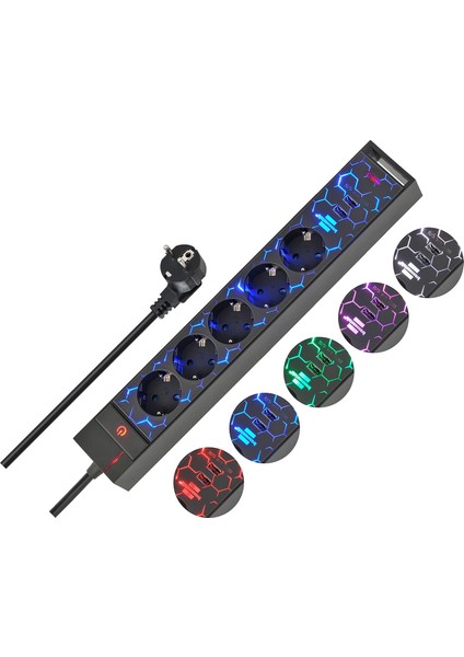 Metrashop Gamer Prizi Gsl 05 USB LED Aydınlatmalı 5 Soketli Çoklu Priz (Oyun Kurulumu Için LED Renk Değişimi)