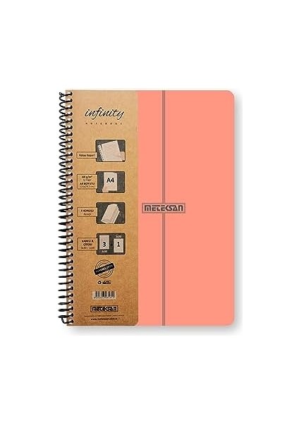 Infinity Pastel Serisi, A4, 4 Konulu (3 Kareli, 1 Çizgili) 120 Yaprak Pp Kapaklı Spiralli Defter, Pembe modelleri