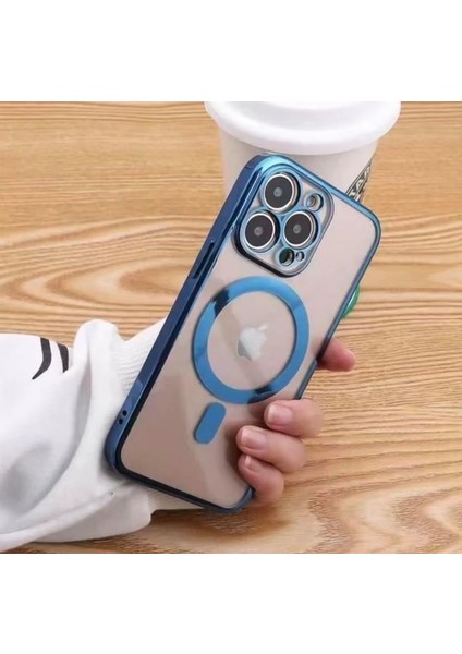 Apple iPhone 13 Pro Için Kablosuz Şarj ile Uyumlu, Kamera Lens Korumalı Lazer Kılıf Mavi