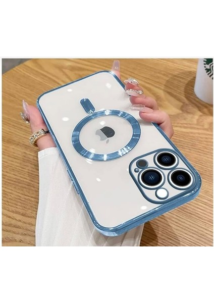Apple iPhone 13 Pro Için Kablosuz Şarj ile Uyumlu, Kamera Lens Korumalı Lazer Kılıf Mavi