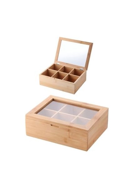 Metrashop Bambu 6 Bölmeli Çay Kutusu -%100 Orjinal Bambu Mıknatıslı Kapak 21X16,5 X7CM