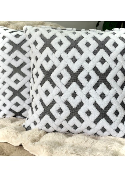2'li Set Bohem Özel Tasarım Punch Panç Desen Gri-Beyaz Dekoratif Kırlent Kılıfı Elmas 45 x 45 cm modelleri