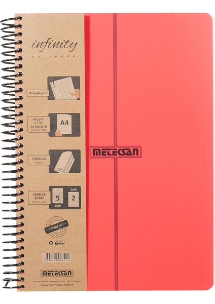 Infinity Primary Serisi, A4, 7 Konulu (5 Kareli, 2 Çizgili) 210 Yaprak Pp Kapaklı Spiralli Defter, Kırmızı