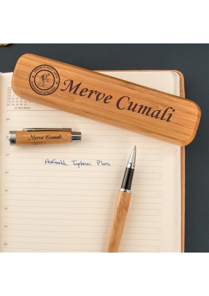 Kurumsal Firmalara Özel Logo Isim Yazılı Bambu Kutulu Kalem Seti