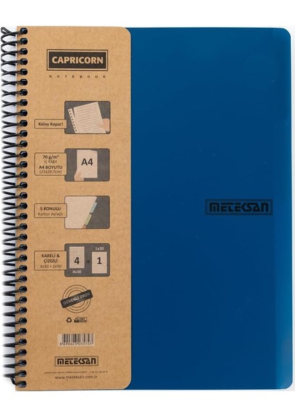 Metrashop Capricorn Ofis Serisi, A4, 6 Konulu (3 Kareli, 3 Çizgili) 180 Yaprak Pp Kapaklı Spiralli Defter, Lacivert