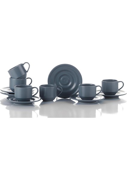 Metrashop Porselen New Tuvana 6 Kişilik 12 Parça Kahve Takımı Gri, Standart, 82 ml