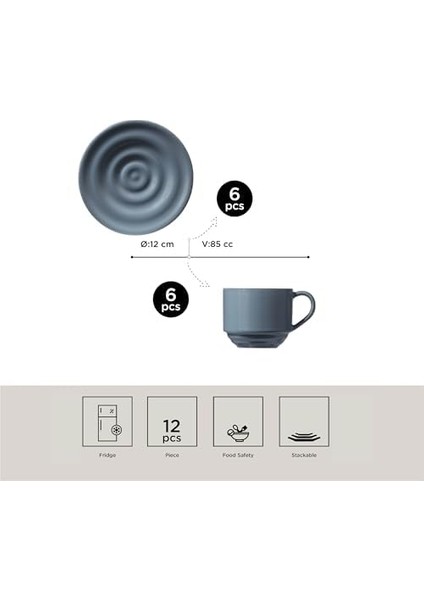 Metrashop Porselen New Tuvana 6 Kişilik 12 Parça Kahve Takımı Gri, Standart, 82 ml