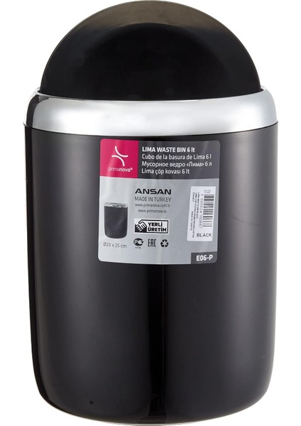 Metrashop M-E06-06-P Lima Çöp Kovası, Krom Dekorlu, Siyah, Standart