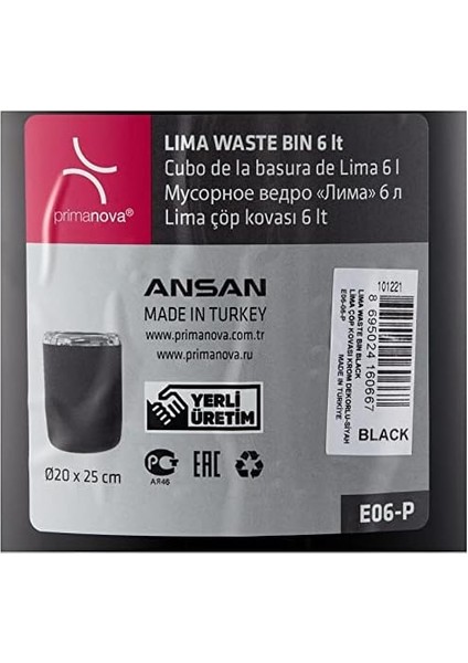 Metrashop M-E06-06-P Lima Çöp Kovası, Krom Dekorlu, Siyah, Standart