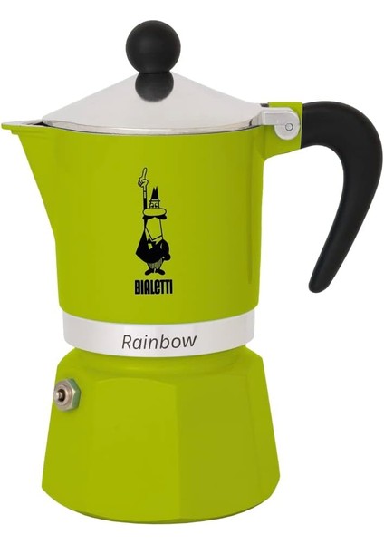 Metrashop - Rainbow: 3 Cups Ocak Üstü Espresso Pişirici - 130ML - Yeşil Renk - Alüminyum Gövde - Patentli Güvenlik Valfi - Tüm Ocak Türleri Için Uygundur (Indüksiyon Hariç)
