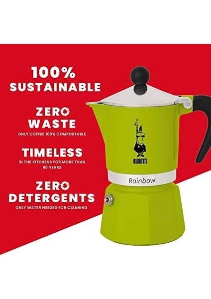 Metrashop - Rainbow: 3 Cups Ocak Üstü Espresso Pişirici - 130ML - Yeşil Renk - Alüminyum Gövde - Patentli Güvenlik Valfi - Tüm Ocak Türleri Için Uygundur (Indüksiyon Hariç) modelleri