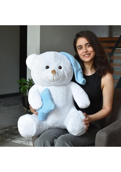 Metrashop Oyuncak Mavi Yastıklı Ayıcık,yastıklı ve Şapkalı Pelüş Ayıcık,yumuşacık ve Şirin Tasarım, Uyku Arkadaşı,doldurulabilir