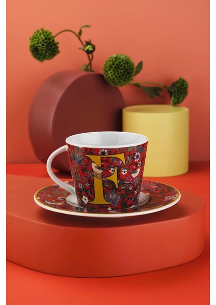 Metrashop Porselen Toledo 2 Parça Tek Kişilik Çay Takımı, F, Kırmızı