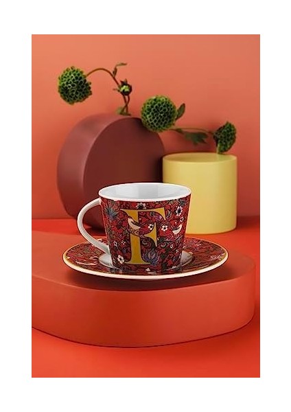 Metrashop Porselen Toledo 2 Parça Tek Kişilik Çay Takımı, F, Kırmızı