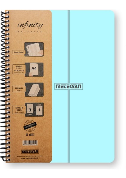 Metrashop Infinity Pastel Serisi, A4, 7 Konulu (5 Kareli, 2 Çizgili) 210 Yaprak Pp Kapaklı Spiralli Defter, Mavi
