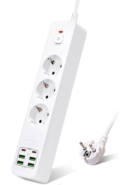 Metrashop Hızlı Şarj Istasyonu 3000W 3 Lü Priz 2 Metre Uzatma Kablosu Çoklu Priz 4 USB 2 Type C Girişli 18 Watt Pd Şarj On/off Düğmeli