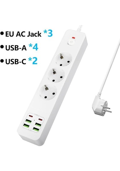 Metrashop Hızlı Şarj Istasyonu 3000W 3 Lü Priz 2 Metre Uzatma Kablosu Çoklu Priz 4 USB 2 Type C Girişli 18 Watt Pd Şarj On/off Düğmeli