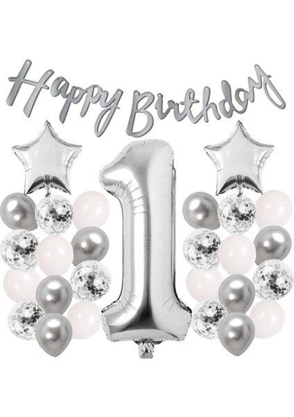 Metrashop Gitti Gümüş Konsept Doğum Günü Kutlama Seti Beyaz Gümüş Konfetili Balon Rakam Yıldız Folyo ve Banner (1 Yaş)
