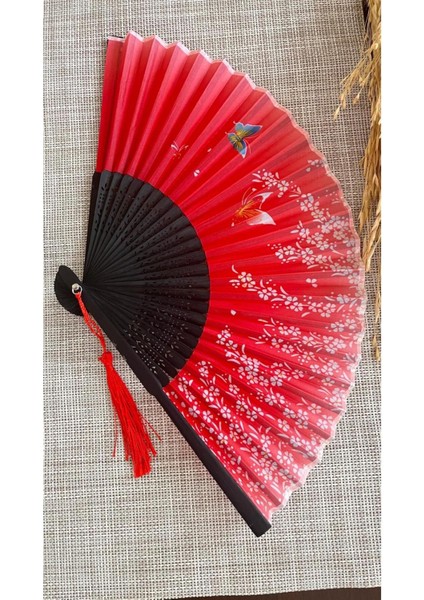 Kırmızı, Beyaz Çiçekli Desenli Bambu Şık Japon Yelpaze Lüks Özel Tasarım