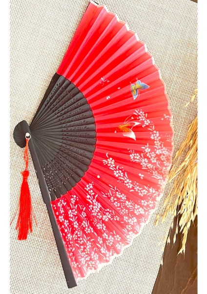 Kırmızı, Beyaz Çiçekli Desenli Bambu Şık Japon Yelpaze Lüks Özel Tasarım
