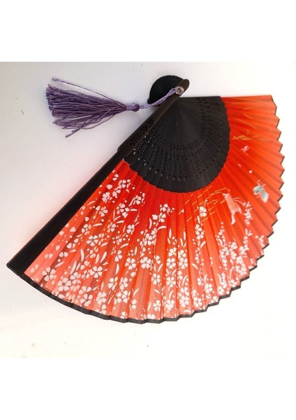 Kırmızı, Beyaz Çiçekli Desenli Bambu Şık Japon Yelpaze Lüks Özel Tasarım