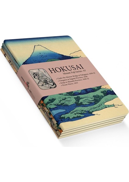 Metrashop Mount Fuji Series Iv - A6, Hokusai 4'lü Defter Seti Iv, Çizgisiz, Toplam 192 Sayfa, Her Biri 48 Sayfa, Tel Dikiş, Esnek Kapak, Oval Kenar, Tuval Doku, 60 Gram, Sarı Krem Renk