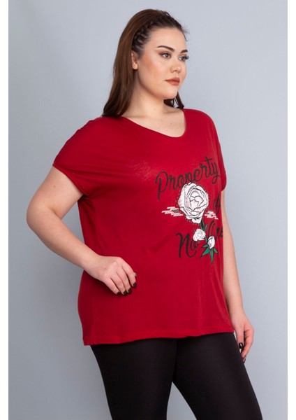 Kadın Bordo Baskı Detaylı Düşük Kol Bluz 65N22675