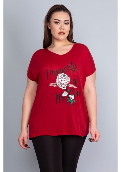 Kadın Bordo Baskı Detaylı Düşük Kol Bluz 65N22675