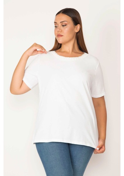 Kadın Beyaz Pamuklu Kumaş Yakası Dantel Kısa Kollu Bluz 65N29547