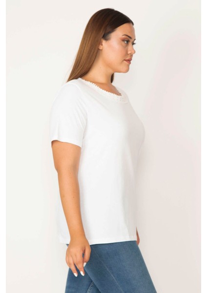 Kadın Beyaz Pamuklu Kumaş Yakası Dantel Kısa Kollu Bluz 65N29547 modelleri