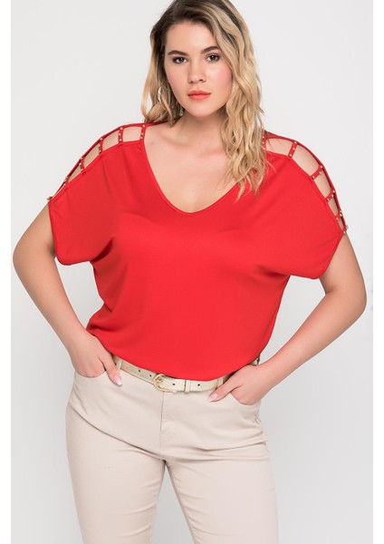 Kadın Bej Omuz Dekolteli İnci Detaylı Viskon Tunik 65N15453