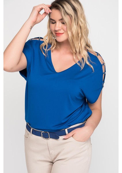 Kadın Bej Omuz Dekolteli Inci Detaylı Viskon Tunik 65N15453