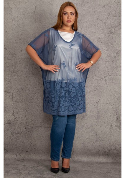 Kadın Indigo Astarsız Dantel Tül Tunik 65N18430